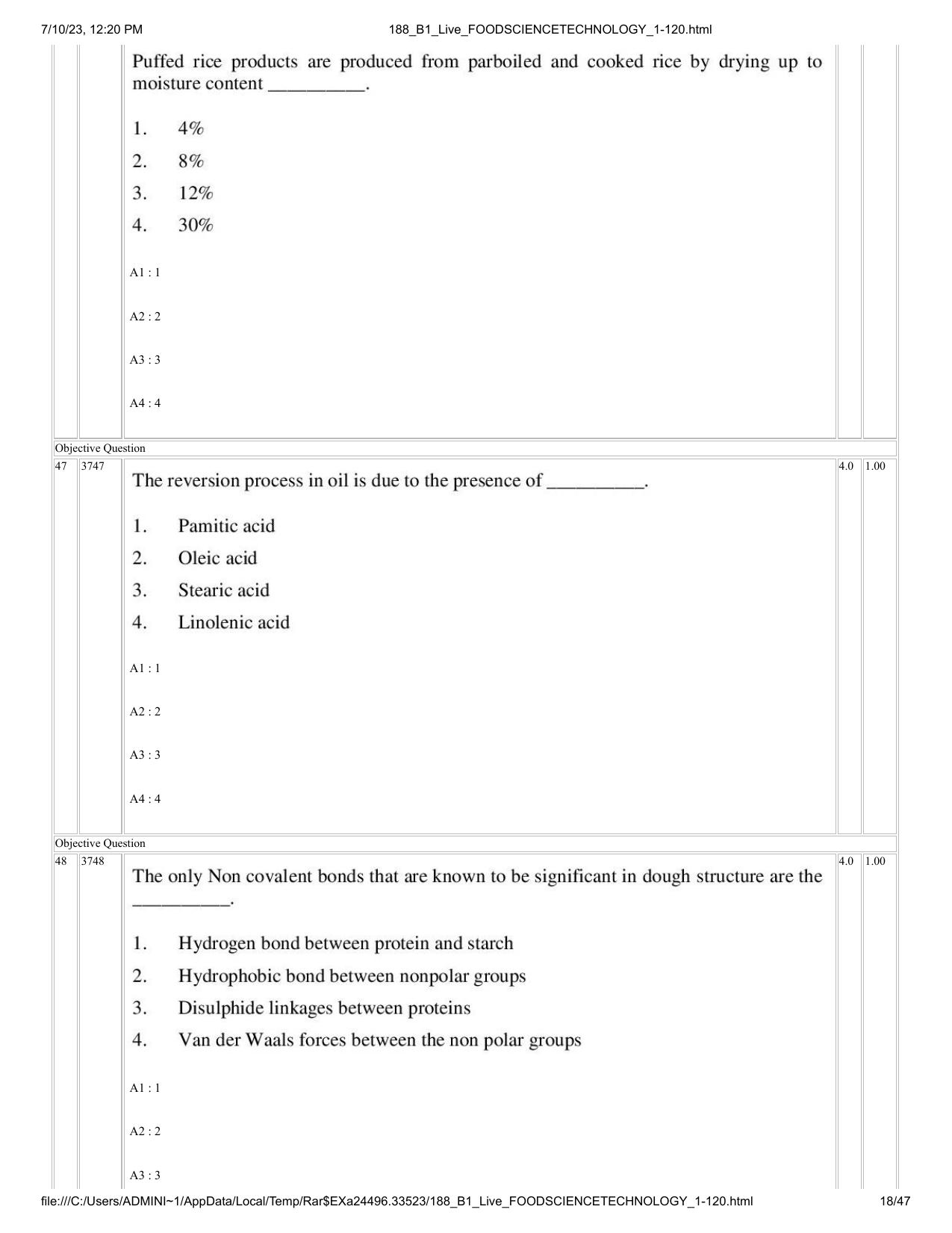 ICAR AIEEA PG 2023 FOOD SCIENCE TECHNOLOGY Question Paper - Page 18