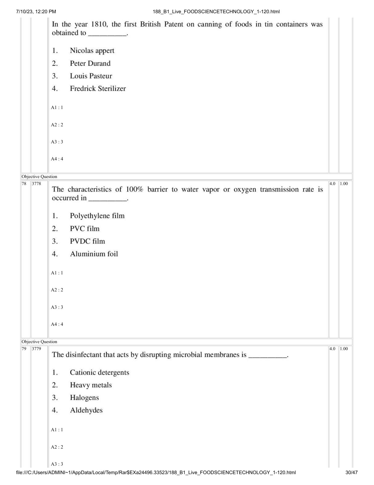 ICAR AIEEA PG 2023 FOOD SCIENCE TECHNOLOGY Question Paper - Page 30
