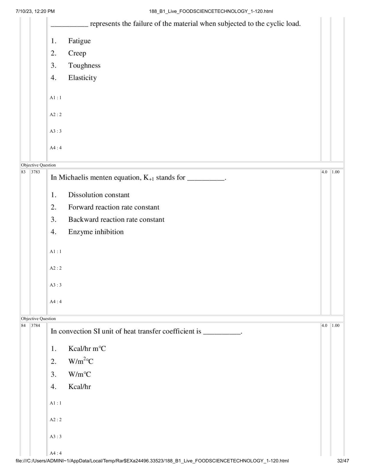 ICAR AIEEA PG 2023 FOOD SCIENCE TECHNOLOGY Question Paper - Page 32