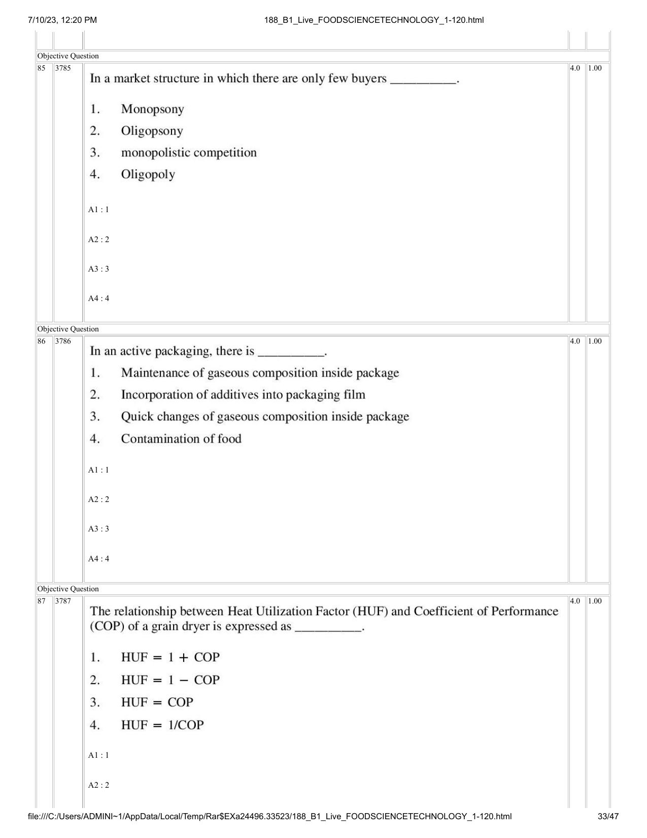 ICAR AIEEA PG 2023 FOOD SCIENCE TECHNOLOGY Question Paper - Page 33
