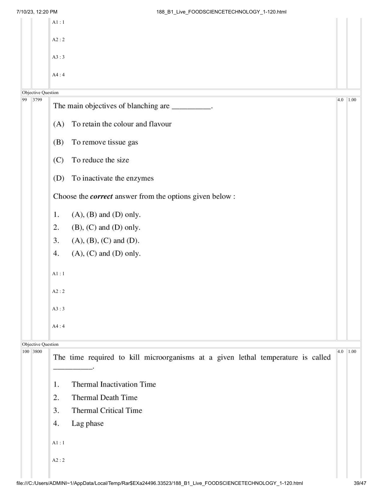 ICAR AIEEA PG 2023 FOOD SCIENCE TECHNOLOGY Question Paper - Page 39