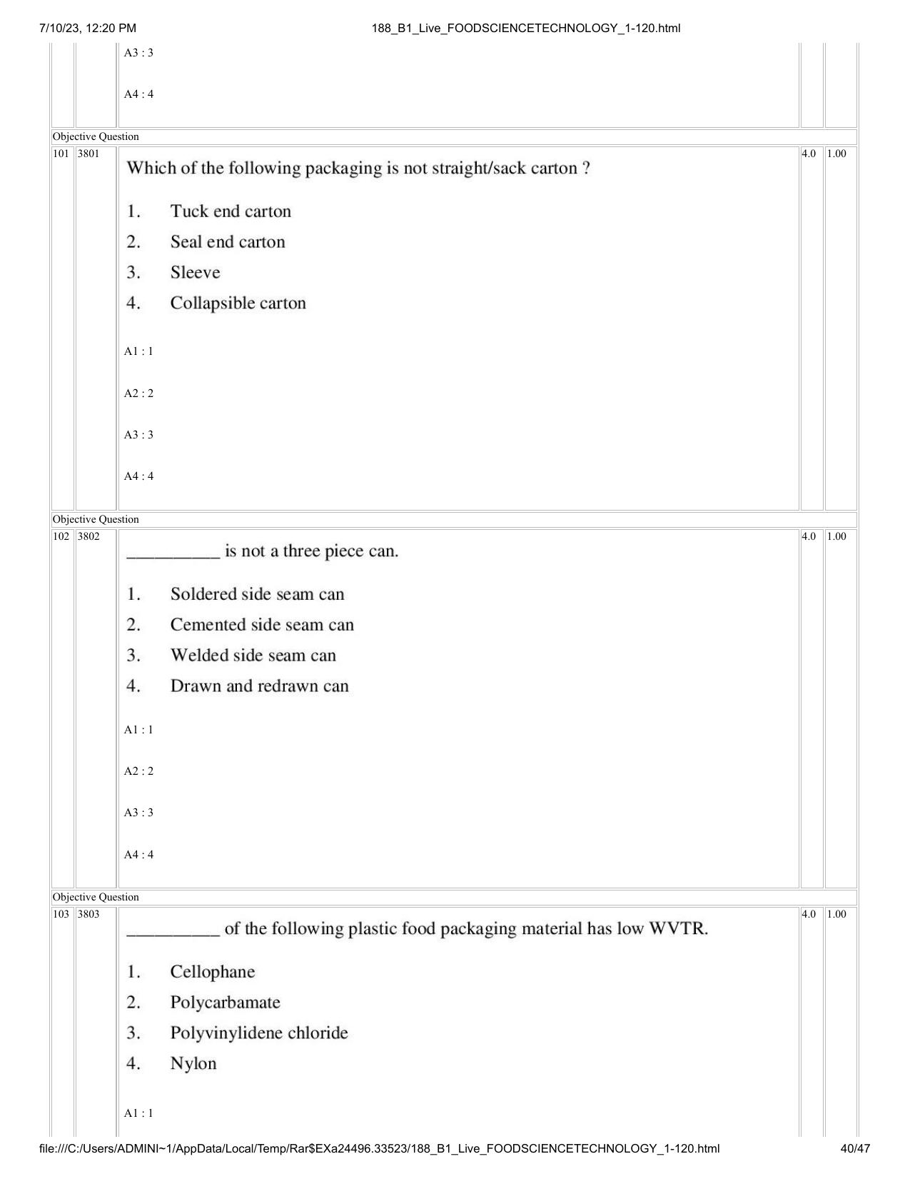 ICAR AIEEA PG 2023 FOOD SCIENCE TECHNOLOGY Question Paper - Page 40