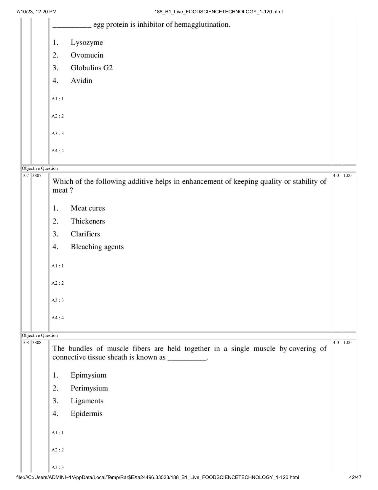 ICAR AIEEA PG 2023 FOOD SCIENCE TECHNOLOGY Question Paper - Page 42