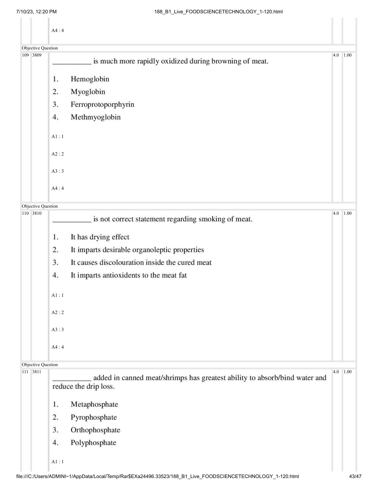 ICAR AIEEA PG 2023 FOOD SCIENCE TECHNOLOGY Question Paper - Page 43