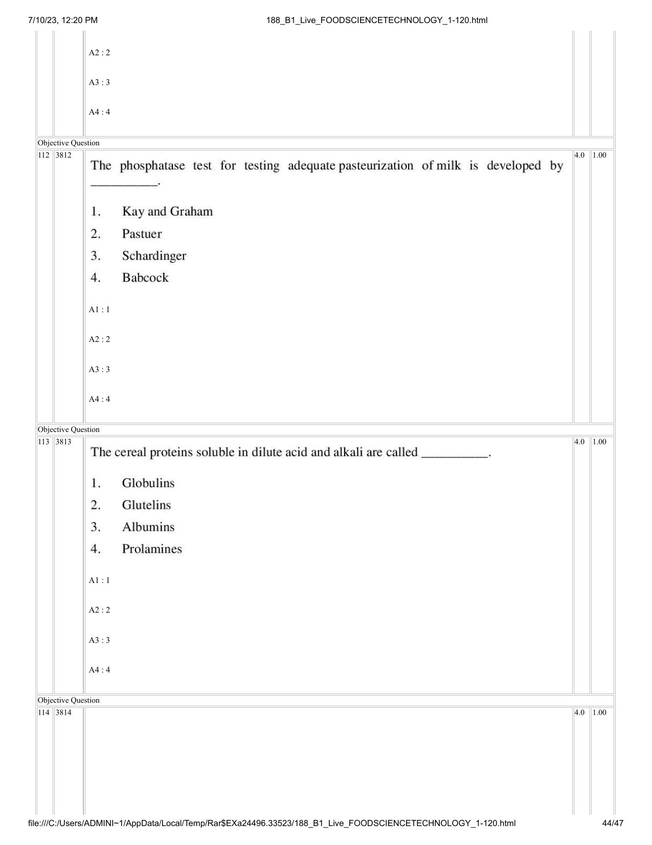 ICAR AIEEA PG 2023 FOOD SCIENCE TECHNOLOGY Question Paper - Page 44