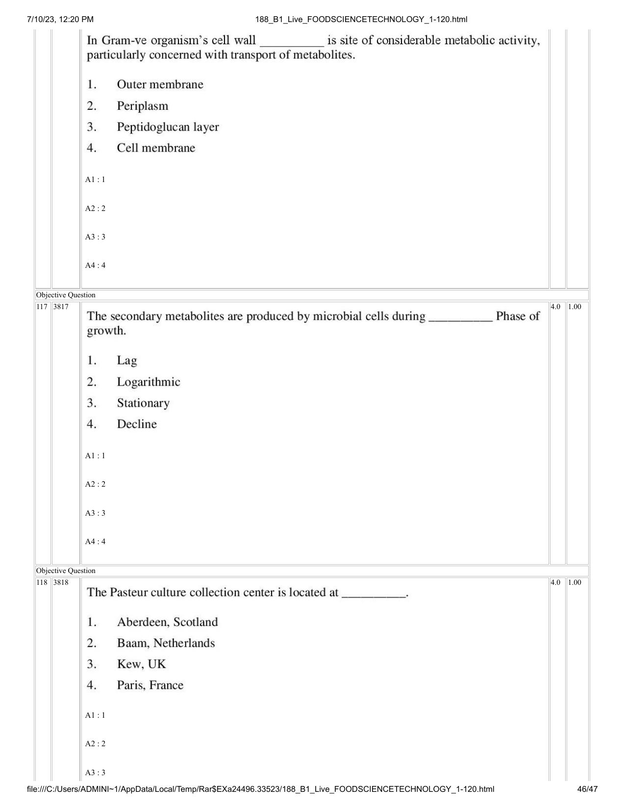 ICAR AIEEA PG 2023 FOOD SCIENCE TECHNOLOGY Question Paper - Page 46