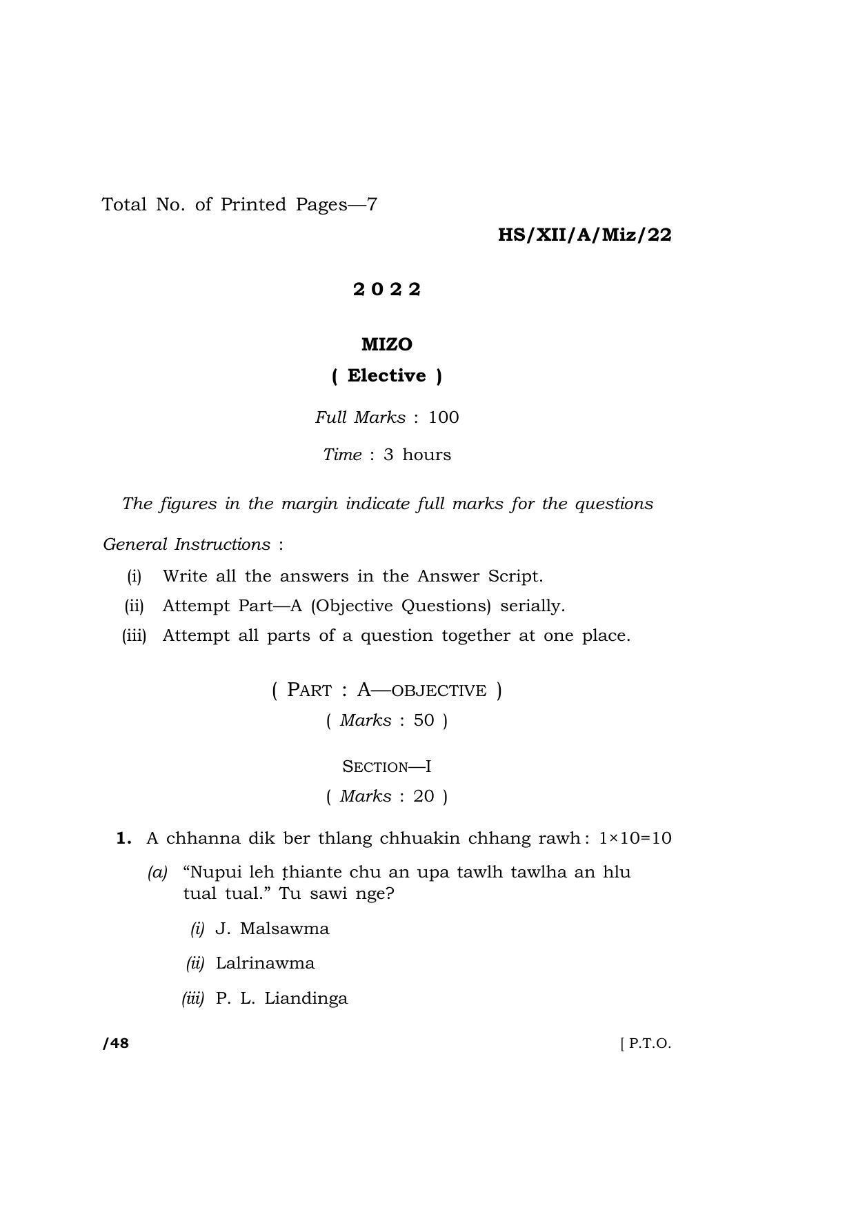 Meghalaya Board (MBOSE) Class 12 MIZO (HS_XII_A_Miz_22) 2022 Question Paper - Page 1