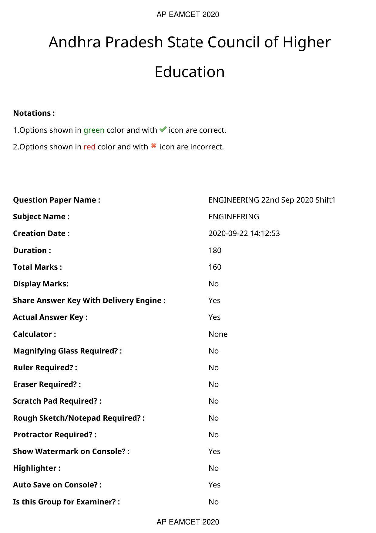 AP EAPCET 2020 - September 22, 2020- Shift 1 - Master Engineering Question Paper With Preliminary Keys - Page 1