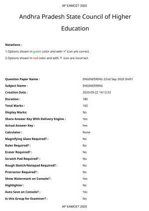 AP EAPCET 2020 - September 22, 2020- Shift 1 - Master Engineering Question Paper With Preliminary Keys