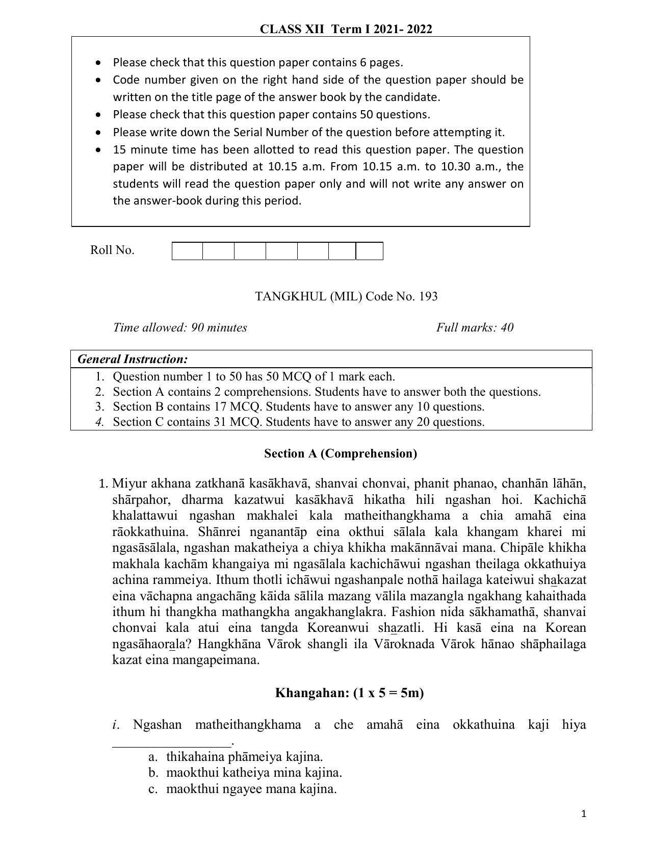 CBSE Class 12th Tangkhul Sample Question Paper 2021-22 - Page 1
