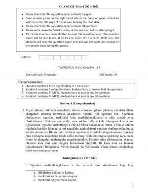 CBSE Class 12th Tangkhul Sample Question Paper 2021-22