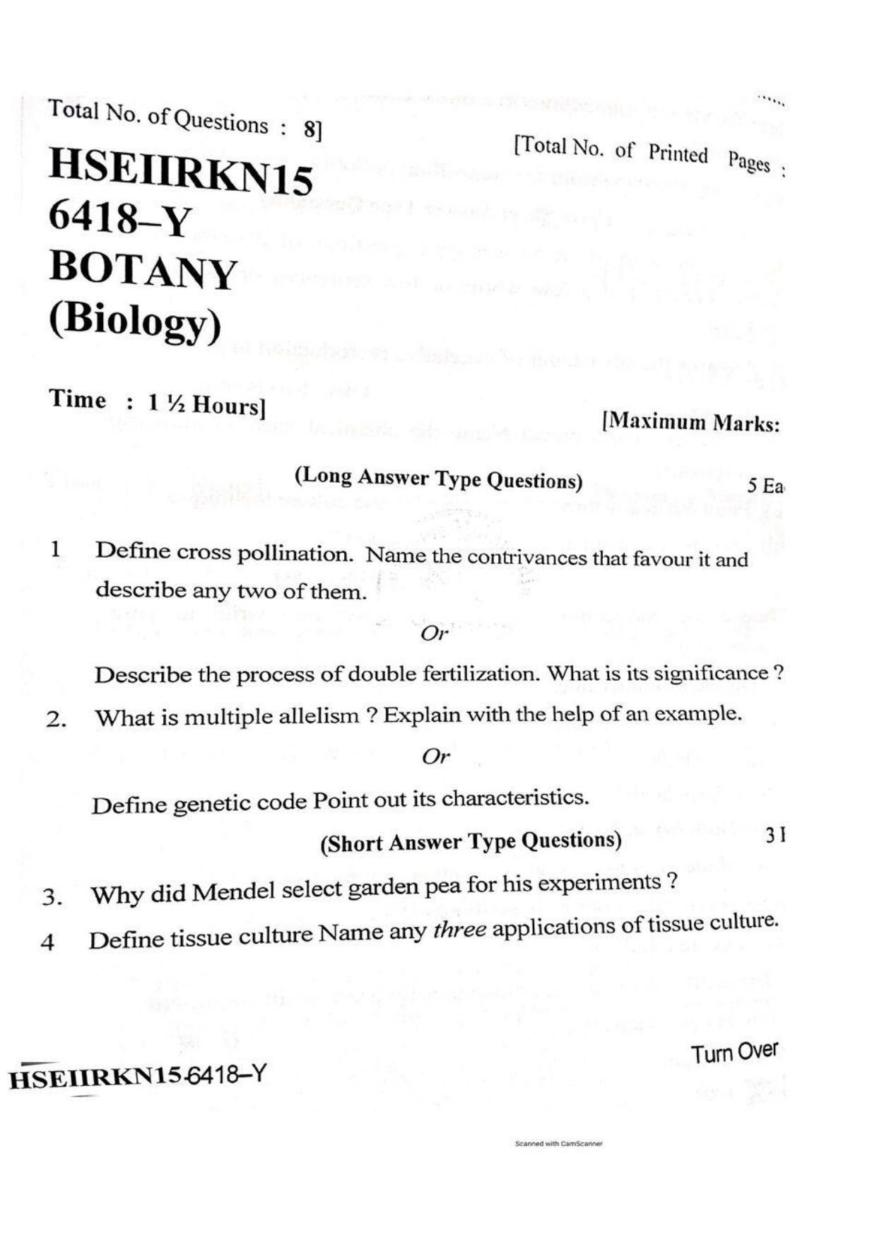 JKBOSE Class 12 Biology-Botany Question Papers 2015 (6418-Y) - Page 1