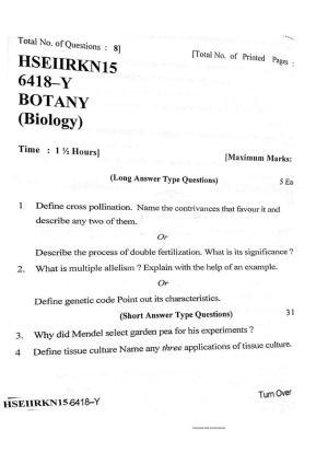 JKBOSE Class 12 Biology-Botany Question Papers 2015 (6418-Y)
