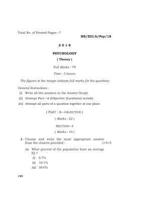 Meghalaya Board (MBOSE) Class 12 PSYCHOLOGY ( Theory ) 2018 Question Paper
