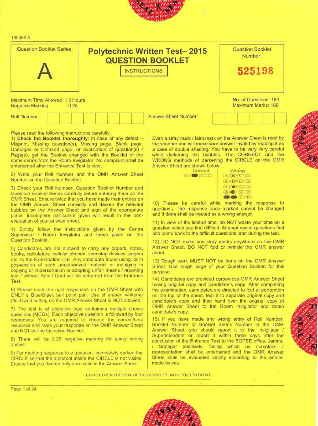 J&K Diploma Polytechnic 2015 Question Paper - Page 1