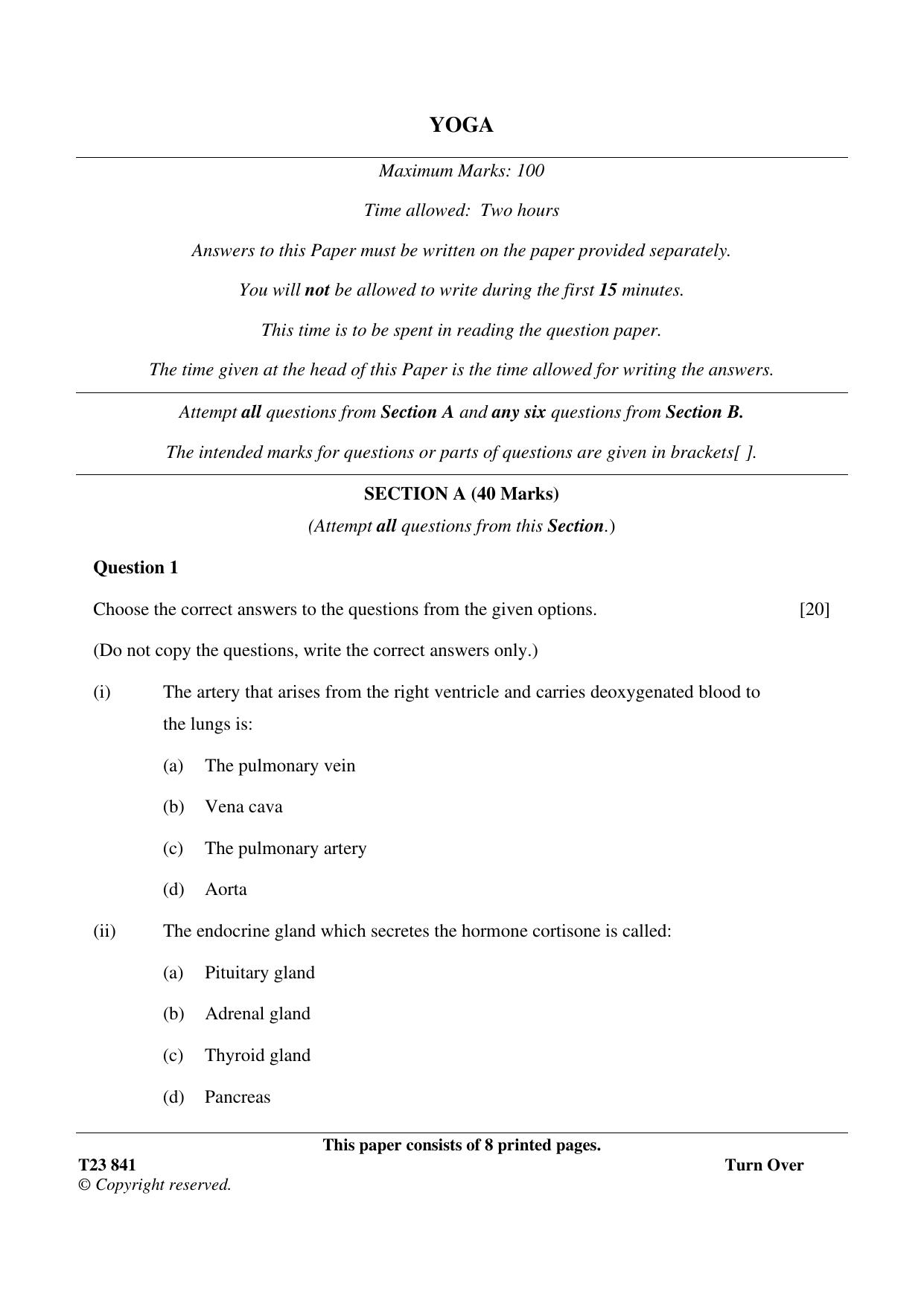 ICSE Class 10 YOGA 2023 Question Paper - Page 1