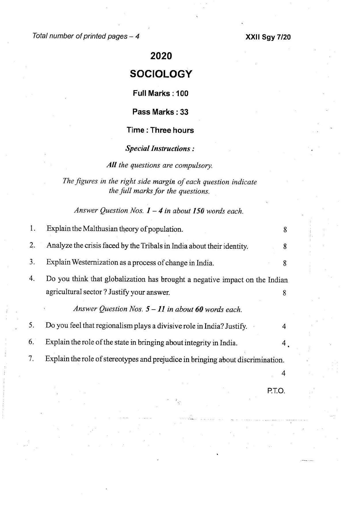 COHSEM Class 12 Sociology Question Papers 2020 - Page 1