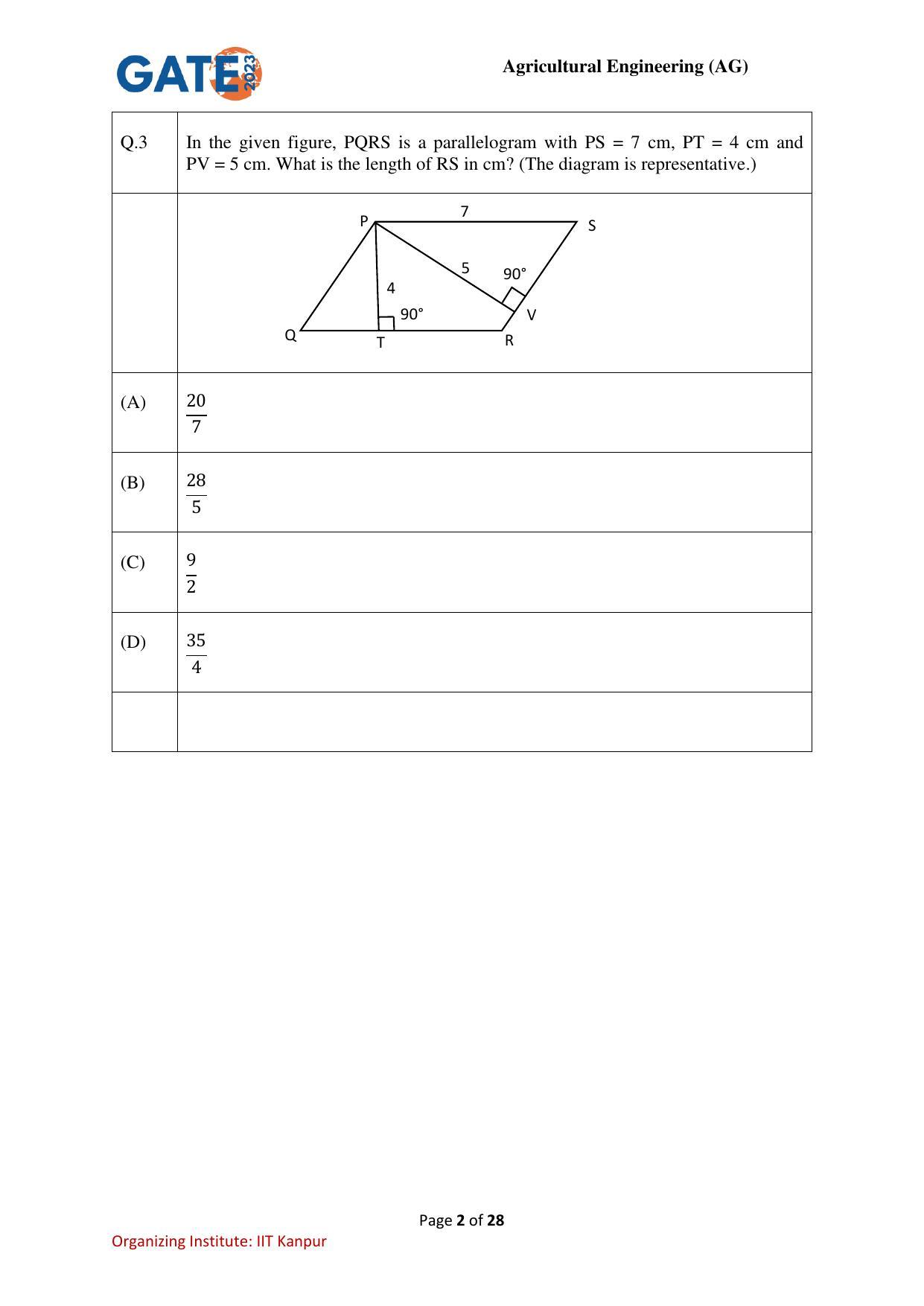 GATE 2023 Agricultural Engineering (AG) Question Paper - Page 2