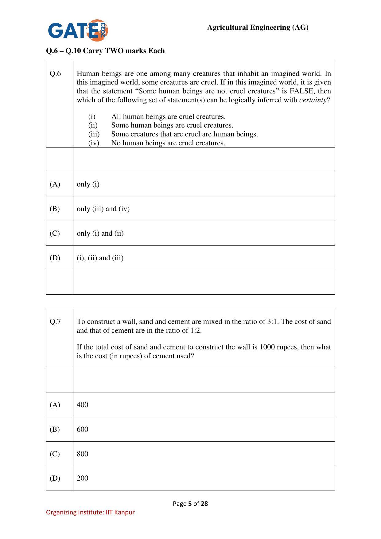 GATE 2023 Agricultural Engineering (AG) Question Paper - Page 5