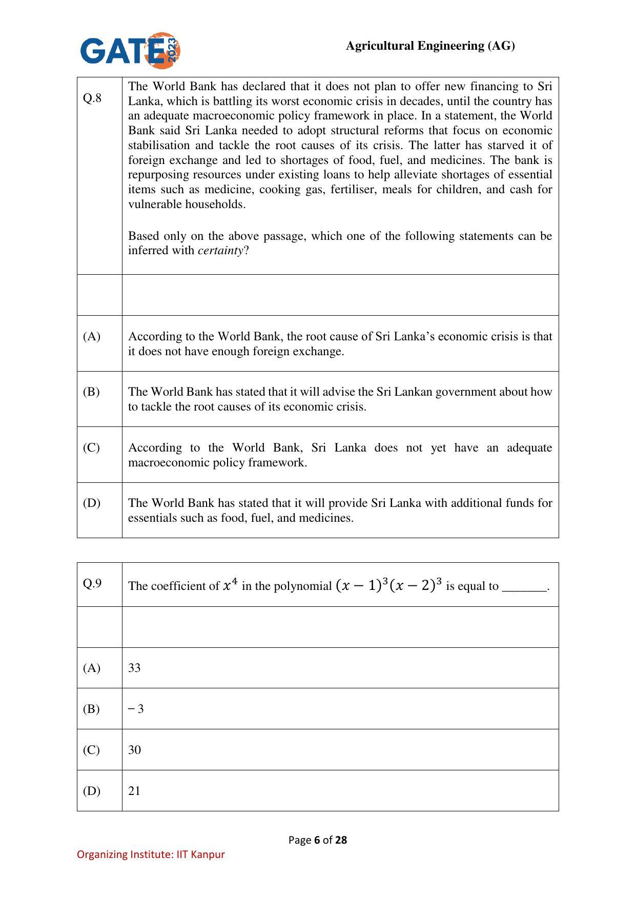 GATE 2023 Agricultural Engineering (AG) Question Paper - Page 6