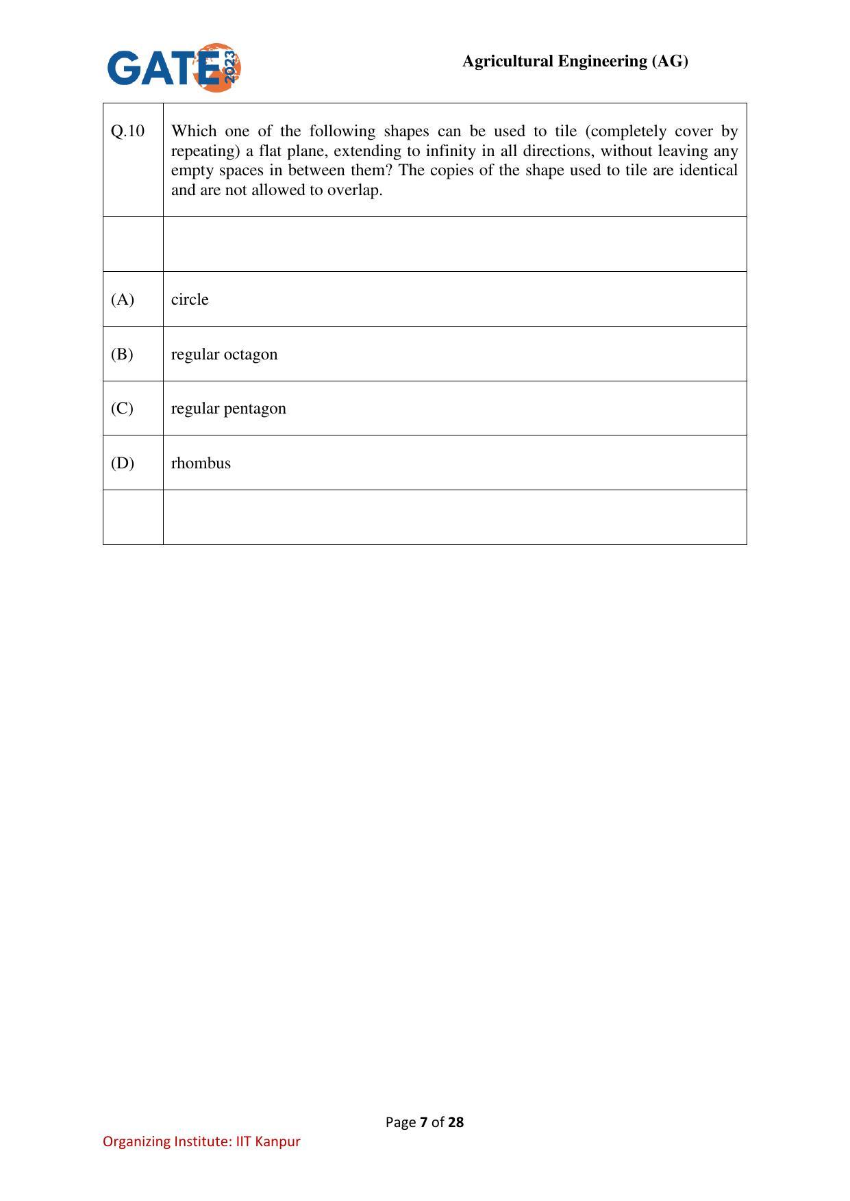 GATE 2023 Agricultural Engineering (AG) Question Paper - Page 7