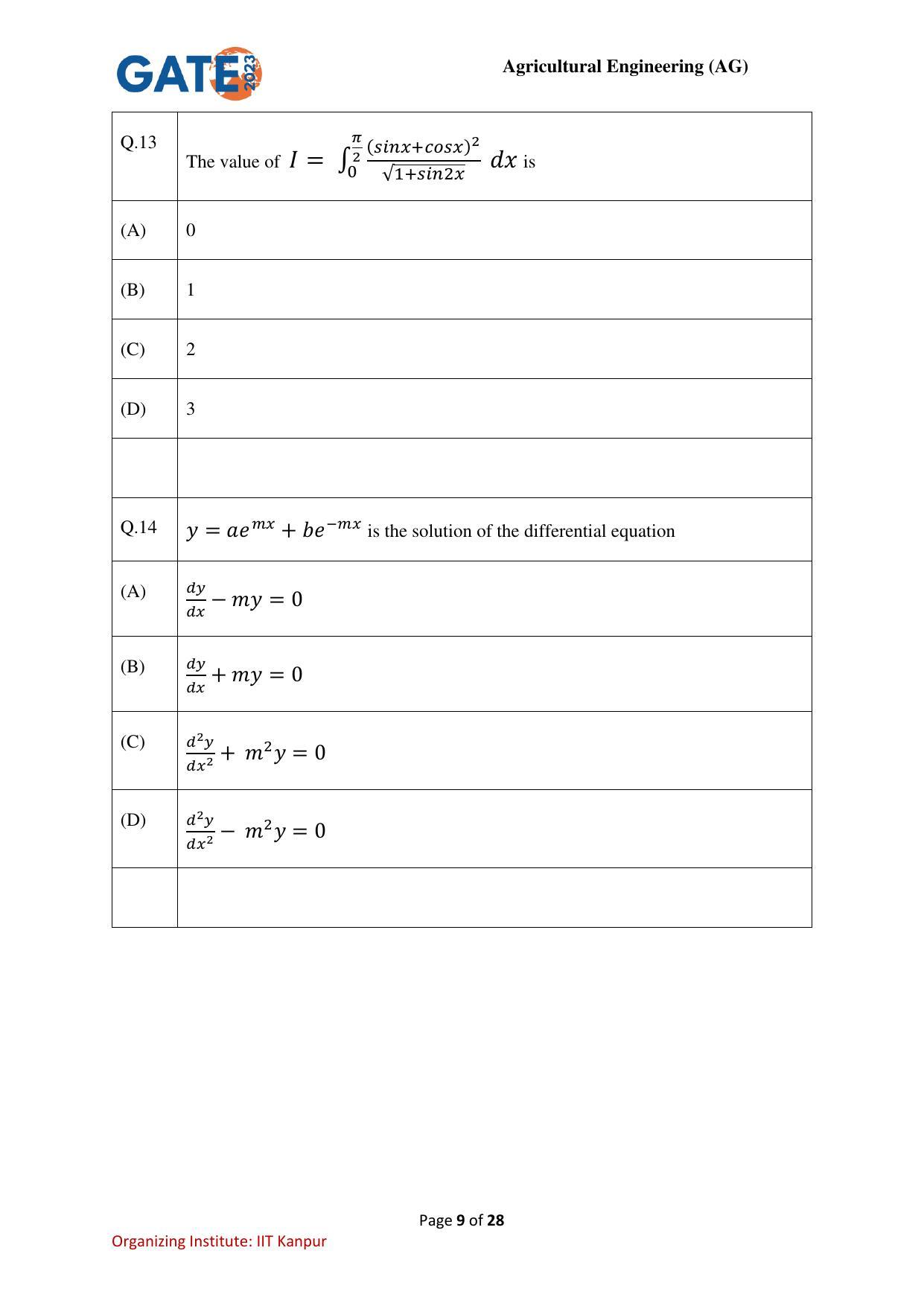GATE 2023 Agricultural Engineering (AG) Question Paper - Page 9
