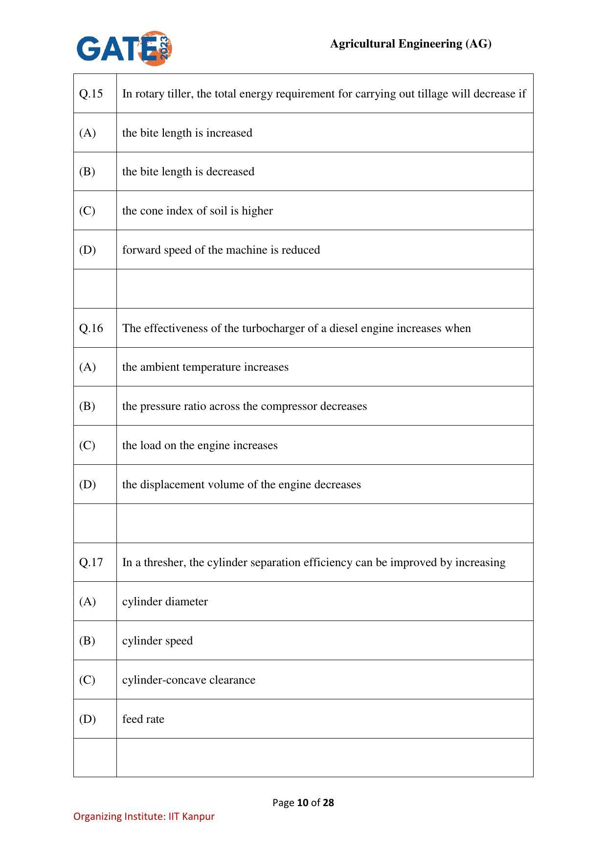 GATE 2023 Agricultural Engineering (AG) Question Paper - Page 10