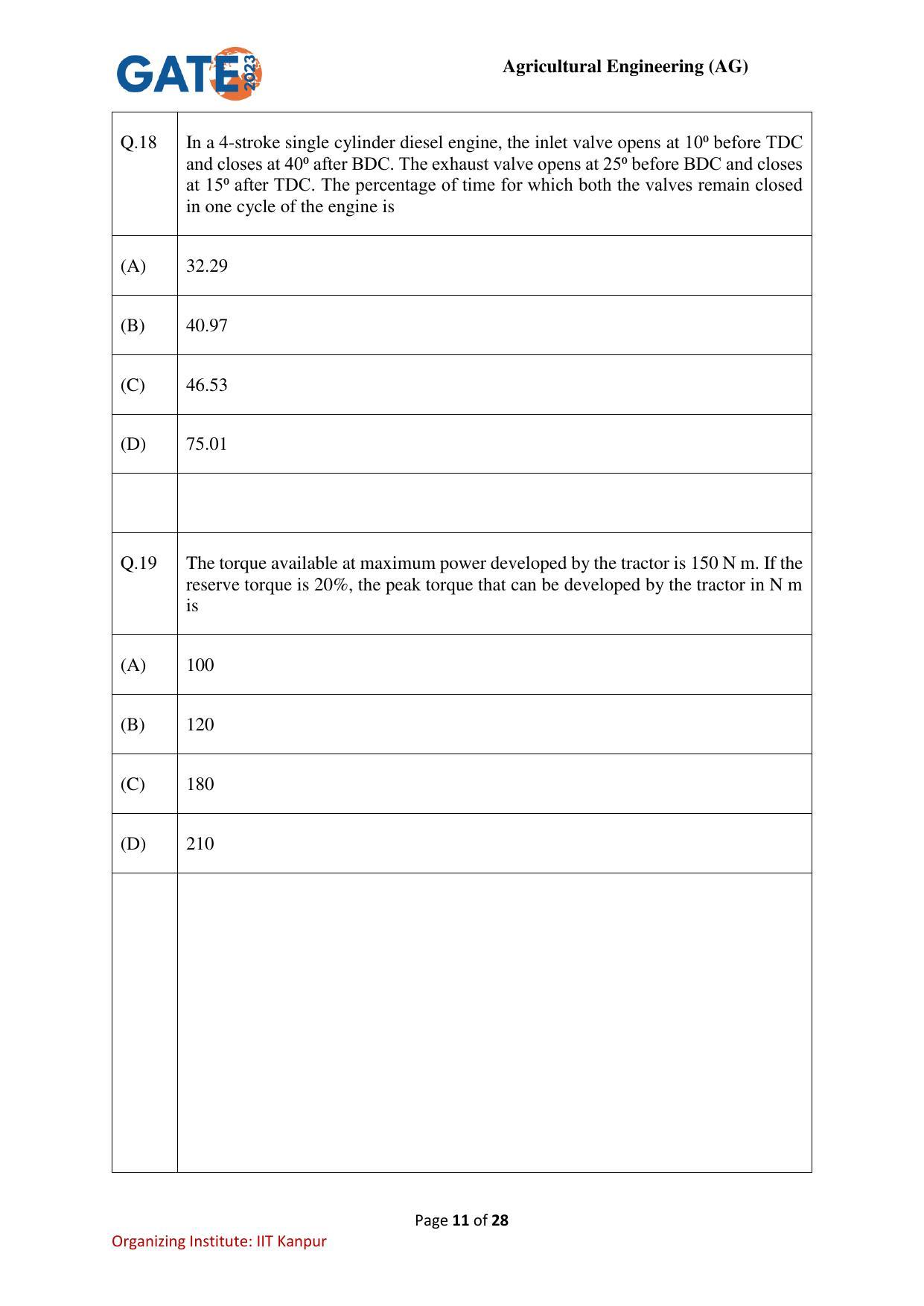 GATE 2023 Agricultural Engineering (AG) Question Paper - Page 11