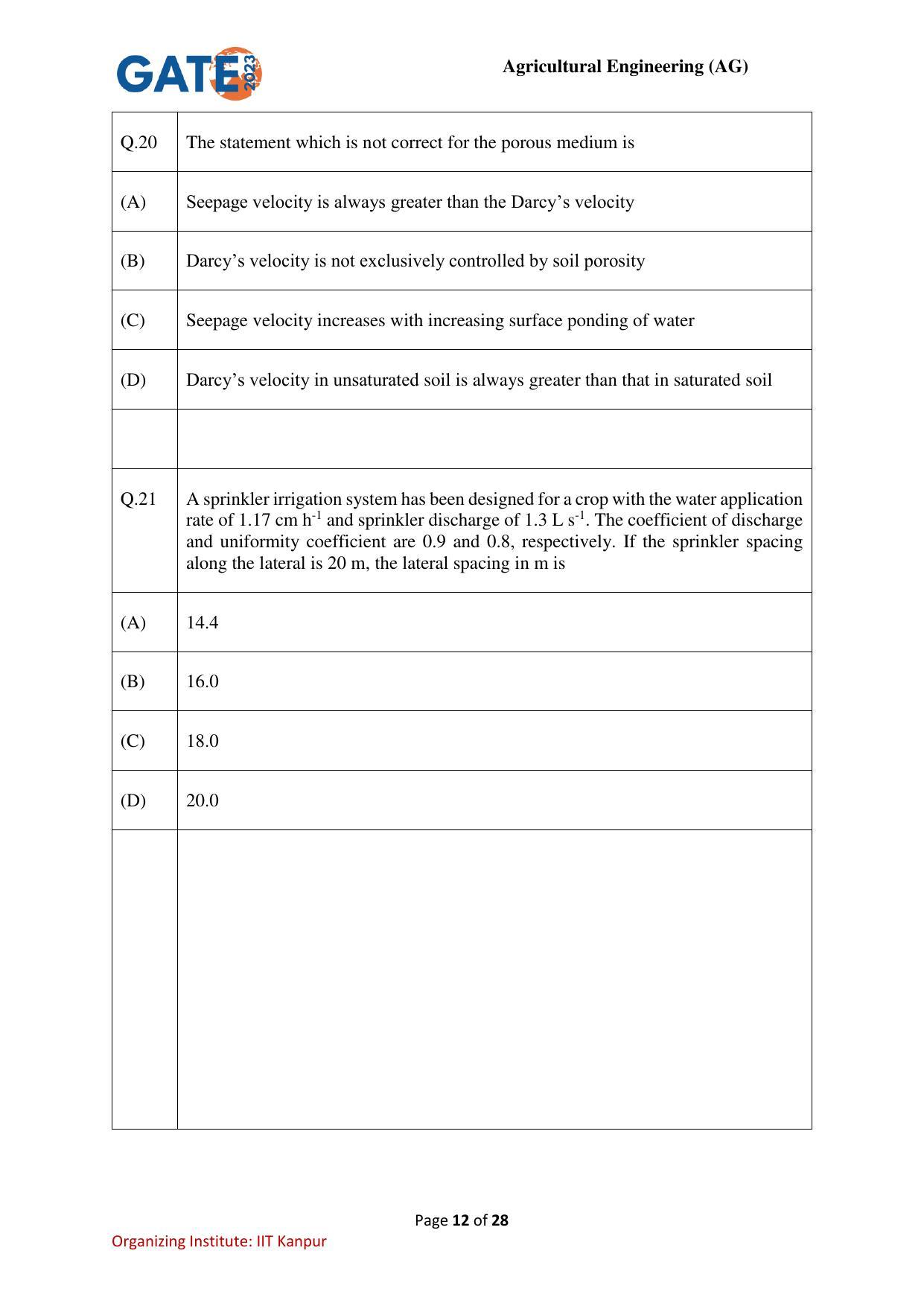 GATE 2023 Agricultural Engineering (AG) Question Paper - Page 12