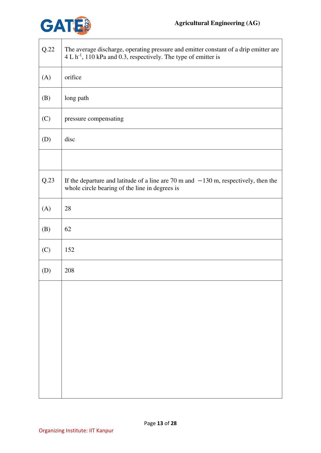 GATE 2023 Agricultural Engineering (AG) Question Paper - Page 13