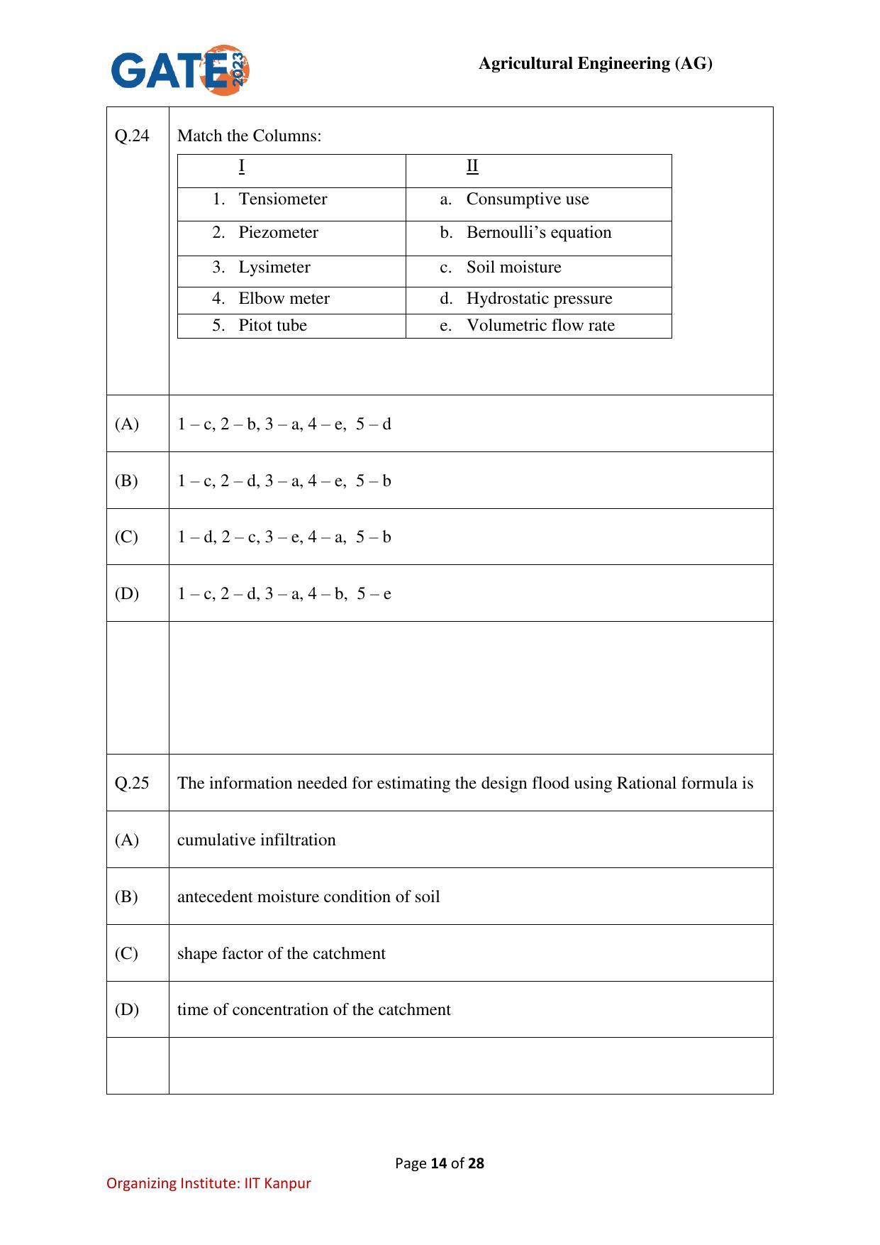 GATE 2023 Agricultural Engineering (AG) Question Paper - Page 14