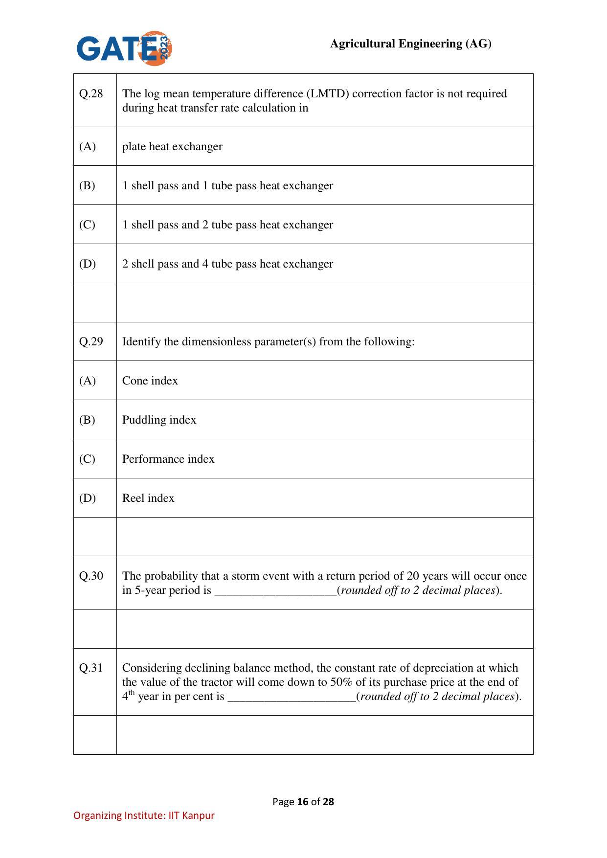 GATE 2023 Agricultural Engineering (AG) Question Paper - Page 16