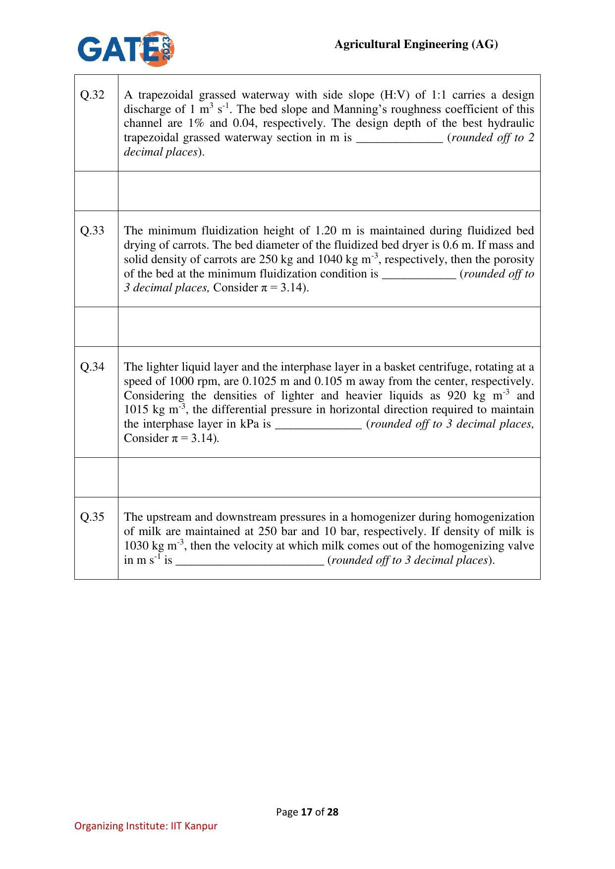 GATE 2023 Agricultural Engineering (AG) Question Paper - Page 17