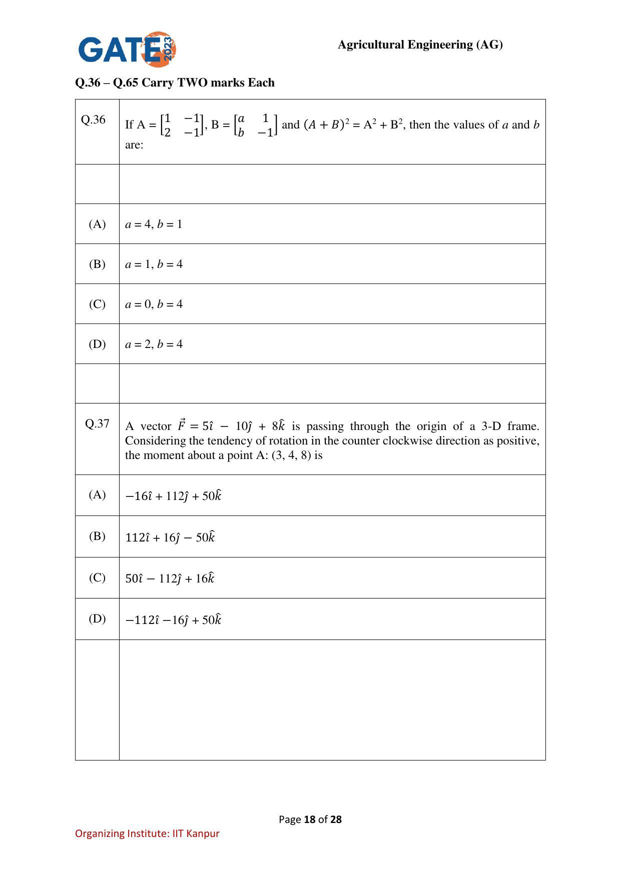 GATE 2023 Agricultural Engineering (AG) Question Paper - Page 18