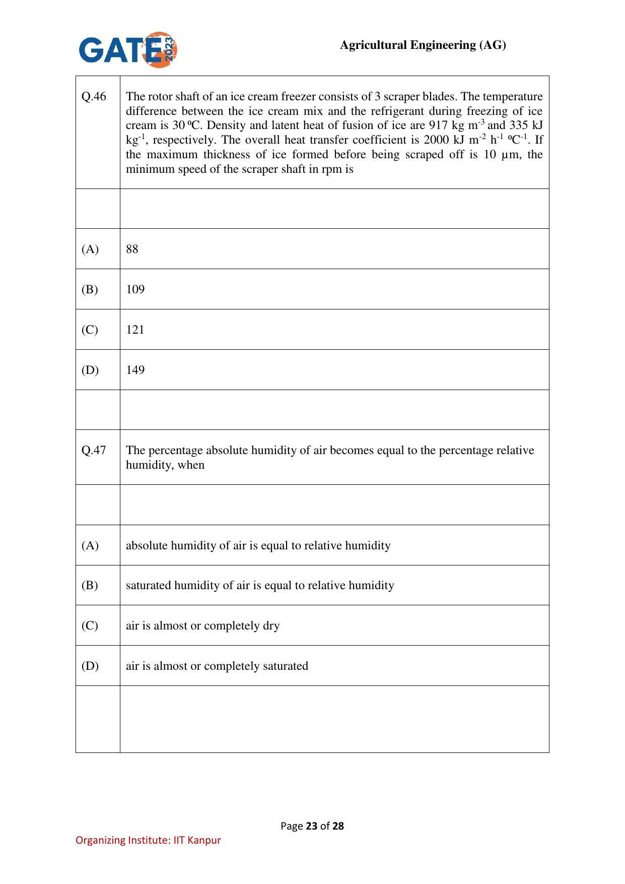 GATE 2023 Agricultural Engineering (AG) Question Paper - Page 23