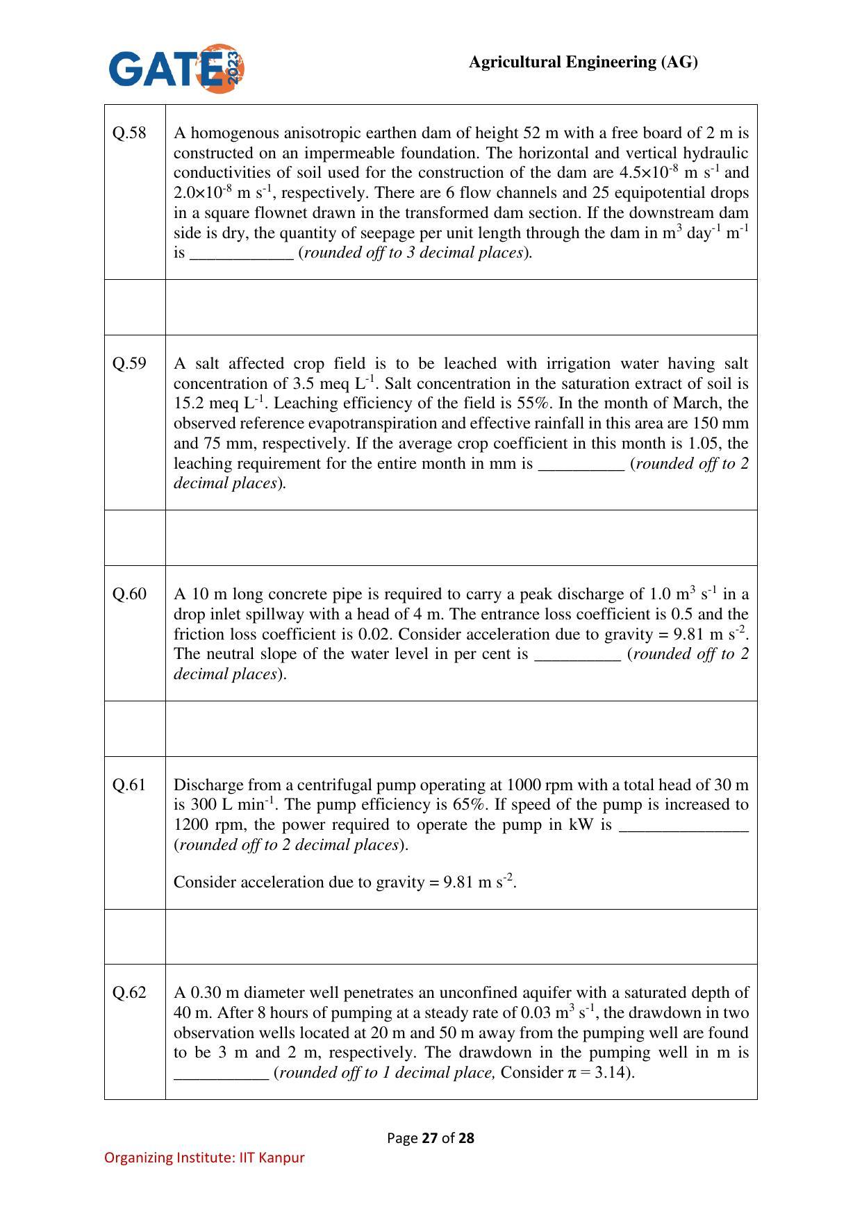 GATE 2023 Agricultural Engineering (AG) Question Paper - Page 27