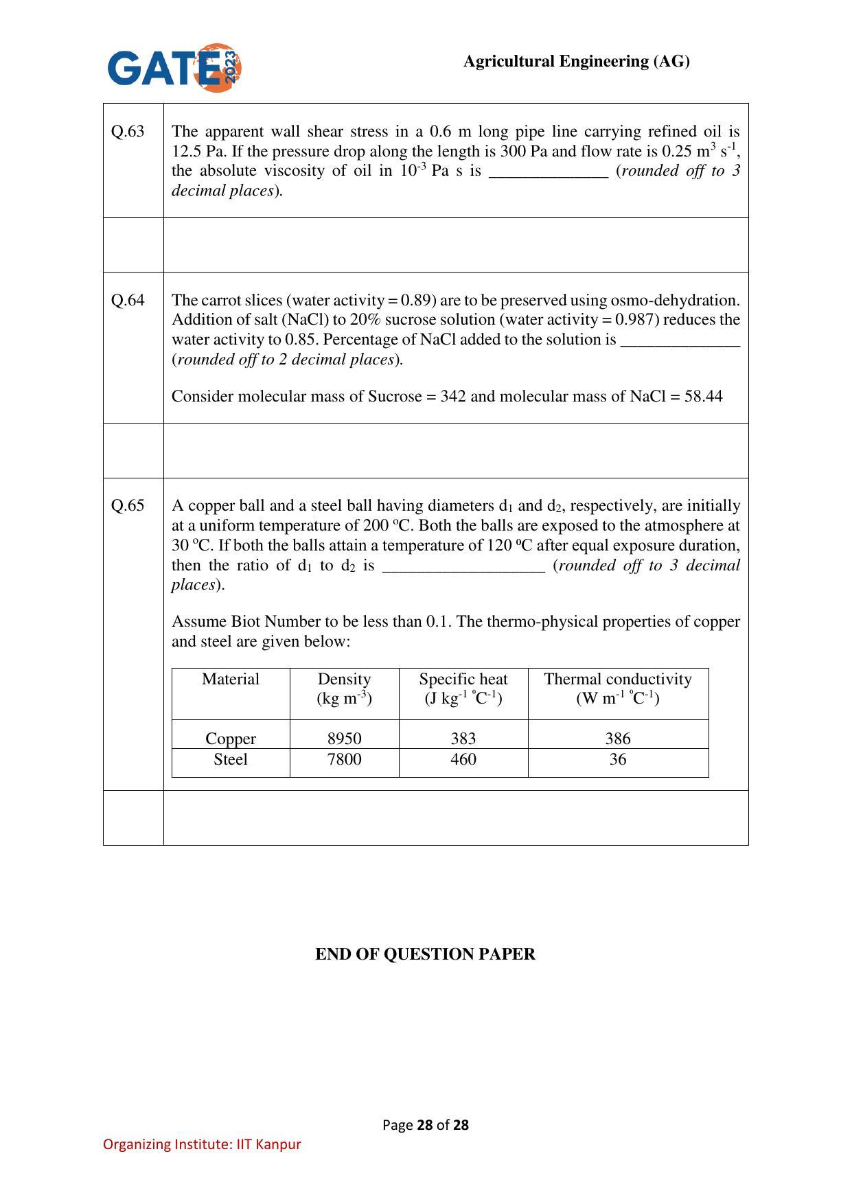 GATE 2023 Agricultural Engineering (AG) Question Paper - Page 28