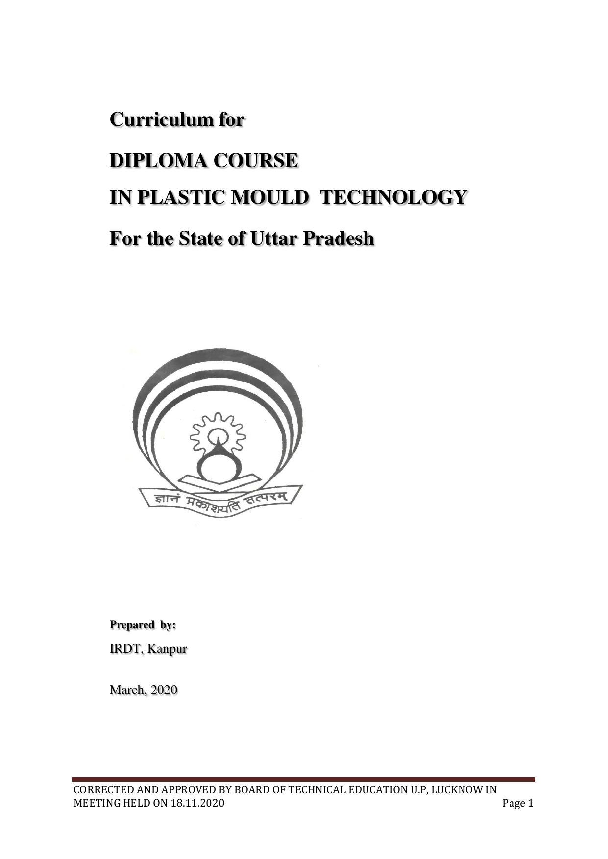 SYLLABUS FOR FIRST SEMESTER SESSION (2020-2021) - SIX SEMESTER DIPLOMA COURSE IN PLASTIC MOULD TECHNOLOGY - Page 1