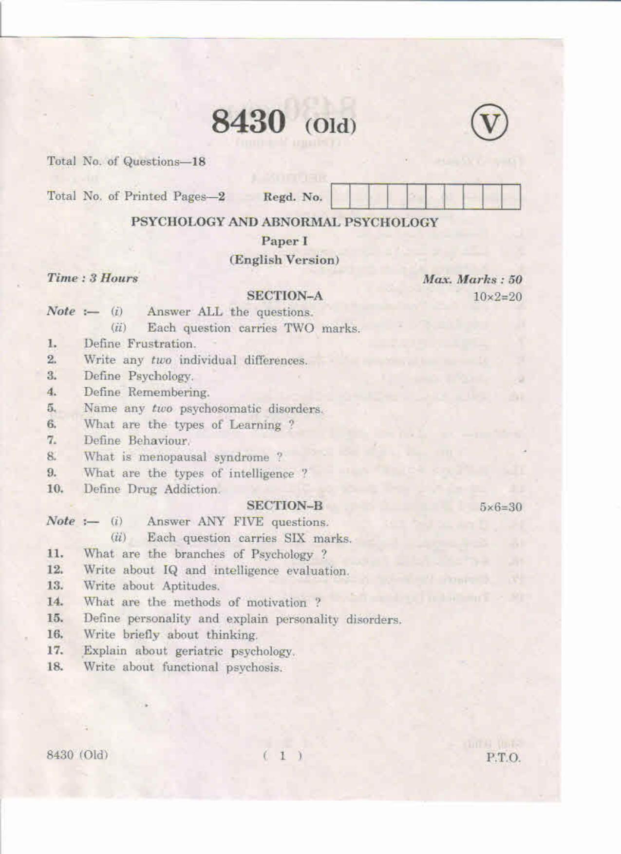 AP Inter 1st Year Psychology and Abnormal Psychology-I (Old) May-2019-Vocational Question Paper - Page 1