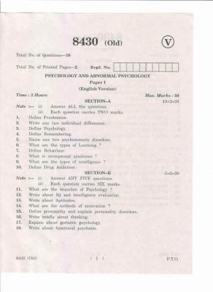 AP Inter 1st Year Psychology and Abnormal Psychology-I (Old) May-2019-Vocational Question Paper
