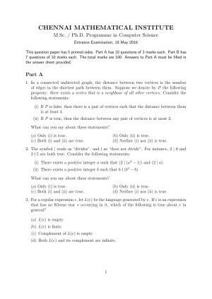 CMI Entrance Exam 2016 Question Paper MSc/PhD Computer Science