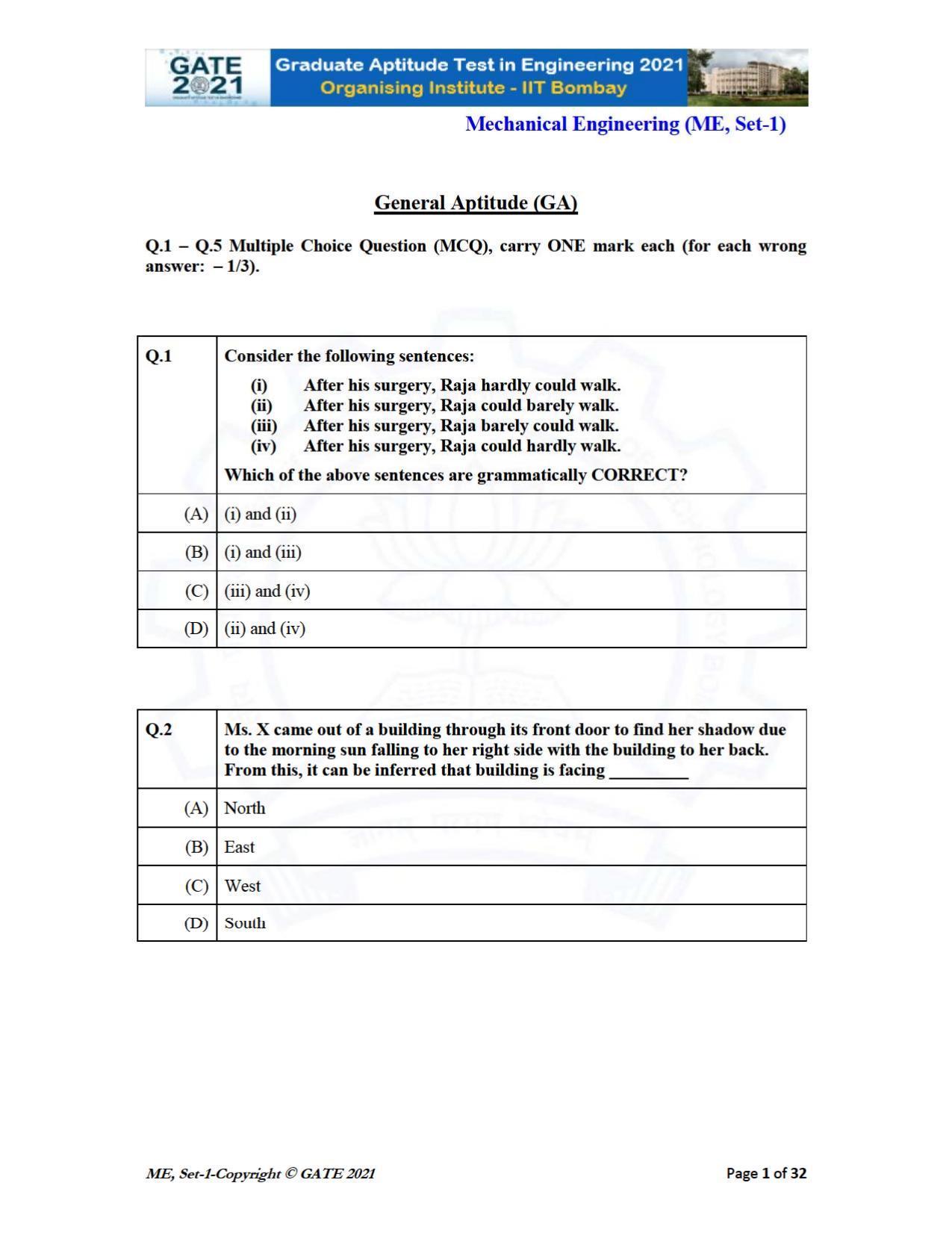 GATE 2021 Mechanical Engineering (ME) Question Paper - Page 2
