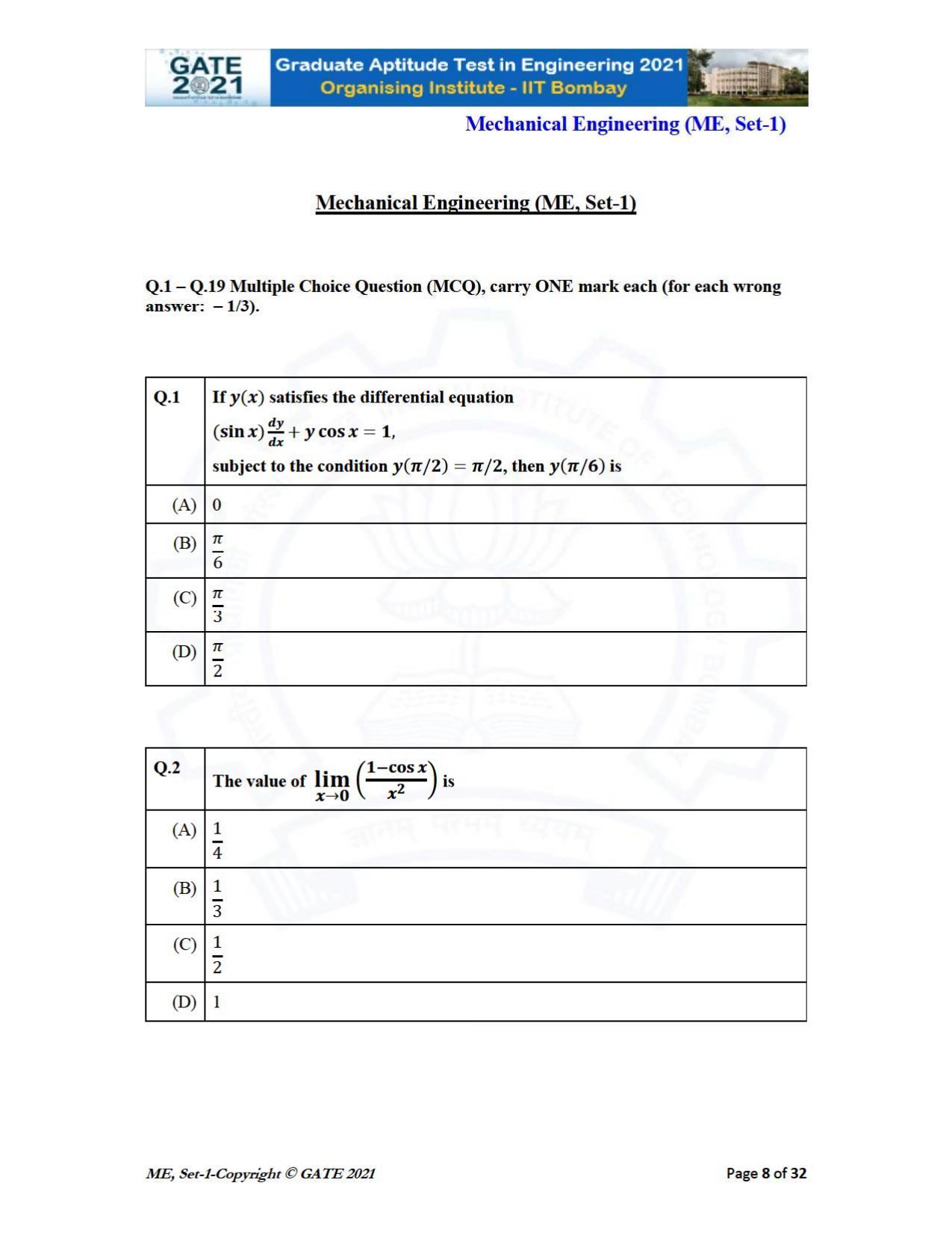 GATE 2021 Mechanical Engineering (ME) Question Paper - Page 9
