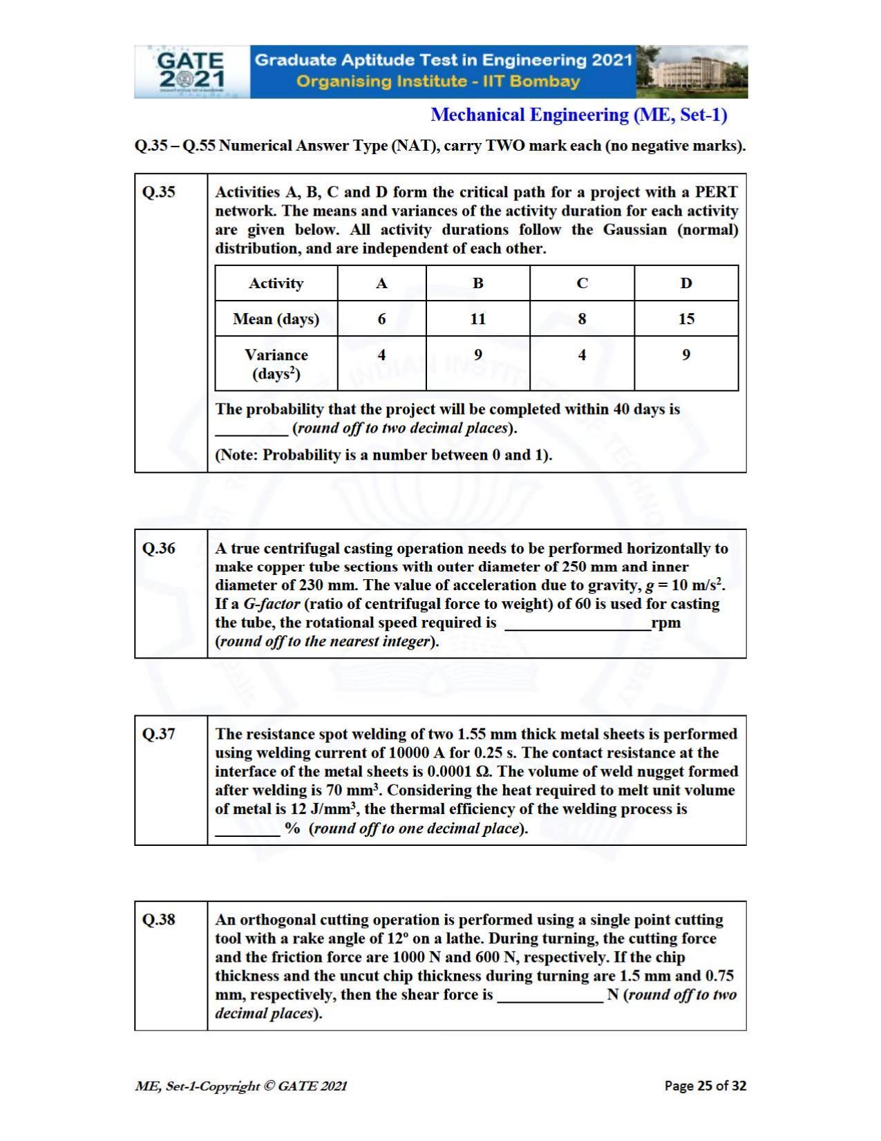 GATE 2021 Mechanical Engineering (ME) Question Paper - Page 26