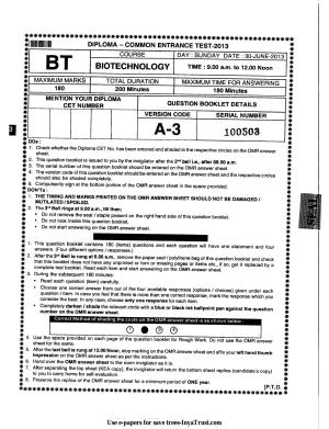 Karnataka Diploma CET- 2013 Biotechnology Question Paper