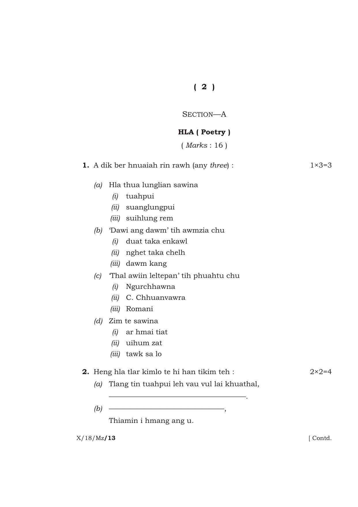 Meghalaya Board (MBOSE) Class 10 MIZO 2018 Question Paper - Page 2