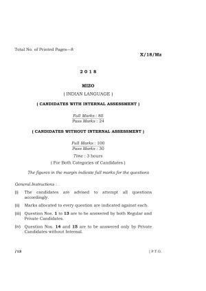 Meghalaya Board (MBOSE) Class 10 MIZO 2018 Question Paper