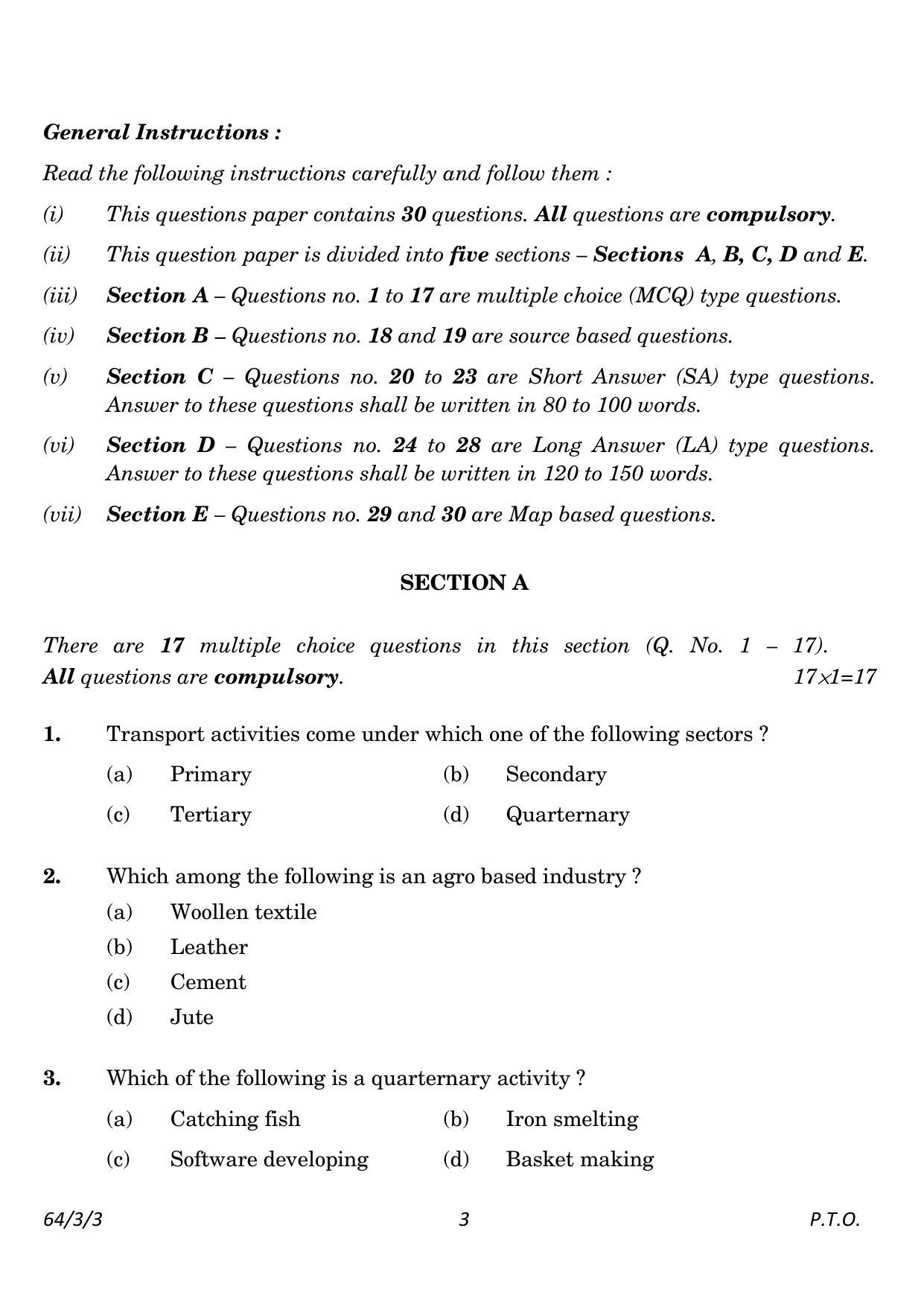 CBSE Class 12 64-3-3 Geography 2023 Question Paper - Page 3