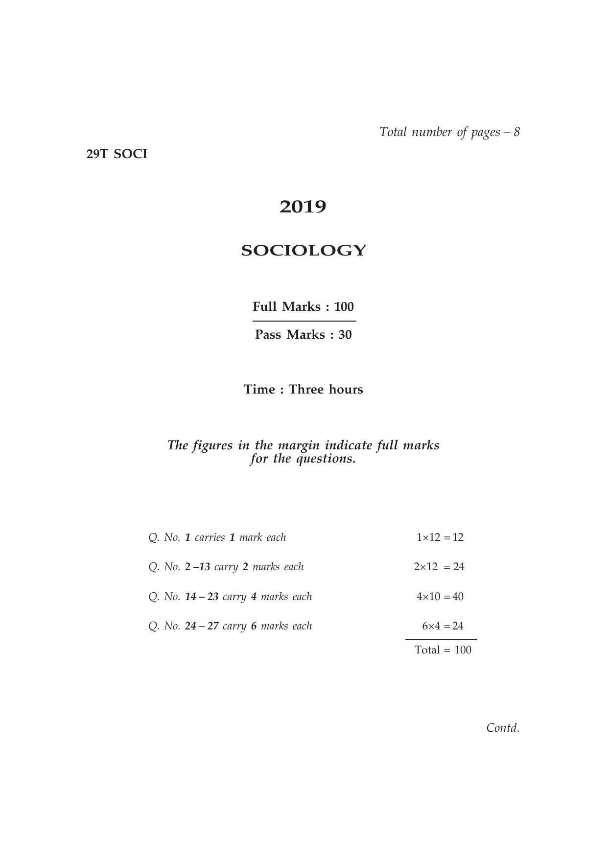 Assam HS 2nd Year Sociology 2019 Question Paper - Page 1
