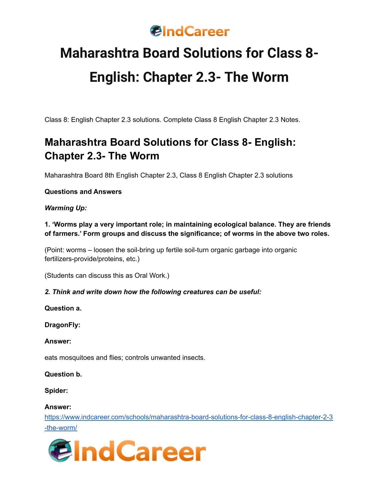 Maharashtra Board Solutions for Class 8- English: Chapter 2.3- The Worm - Page 2